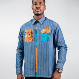 Chemise en coton associé à du tissu teint à la technique de la cire